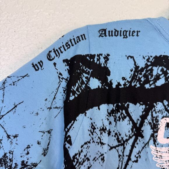 Christian Audigier Crystal Rock Top Womens Medium Crane Blossom Y2K Tunic Shirt - Picture 11 of 14